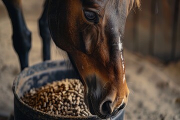 Brown horse eating pellets from feed bucket in stall