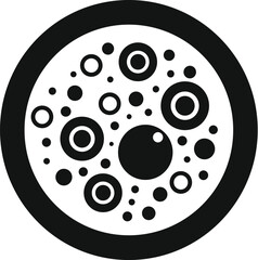 Simple black and white icon of a petri dish with growing bacteria colonies, ideal for scientific or medical projects