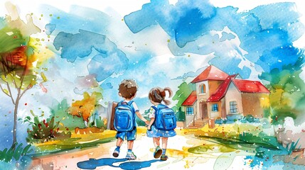 Fototapeta premium Rentrée scolaire, enfants allant à l'école, dessin style aquarelle, ia générative