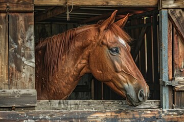 Fototapeta premium Brown horse with horse care attributes in stall
