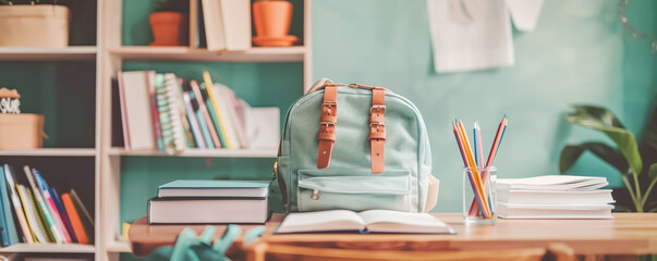 View of the school backpack on the table with pencils, notebooks and books on it. Back to school concept.