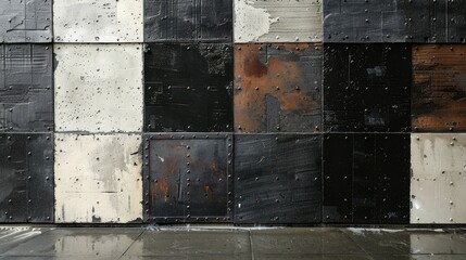 A contemporary abstract painting featuring black and white geometric lines and shapes with subtle textures.