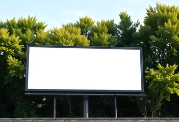 A large white billboard in a rural landscape with mountains in the background and a field in the foreground