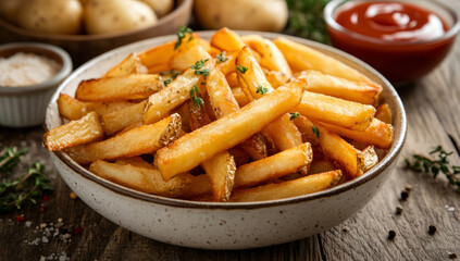 A bowl of golden brown crispy fries is placed on the table with ketchup 