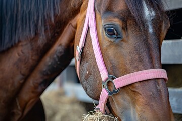 Obraz premium Caring for a bay horse in a stall eating hay