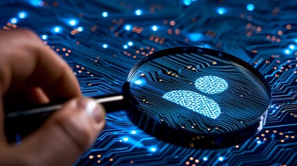 Exploring Digital Identity Through a Magnifying Glass on a Circuit Board Background