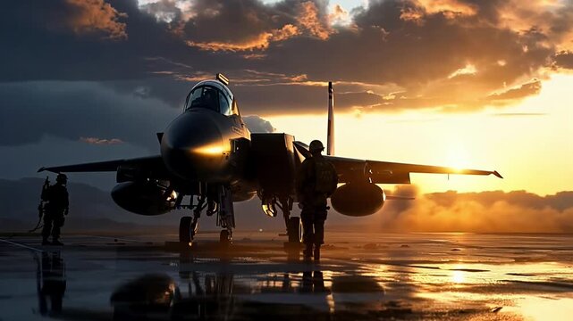 A group of soldiers stand on a runway next to a fighter jet. The sky is cloudy and the sun is setting, creating a moody atmosphere