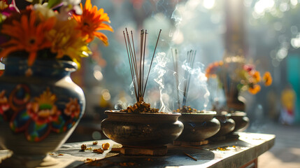 A traditional ritual with incense being offered during a spiritual ceremony in a sacred setting.