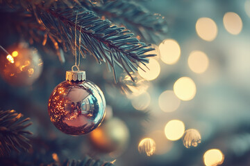 Christmas bauble is hanging from a christmas tree branch, with christmas lights creating a bokeh effect in the background