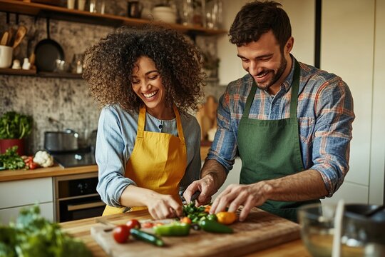 A joyful couple cooking together in a modern kitchen
