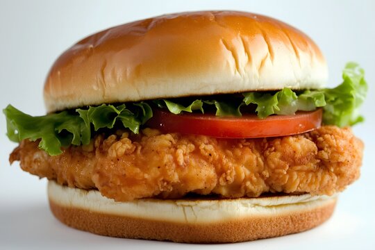A simple chicken sand wich lettuce and tomato isolated on a white background