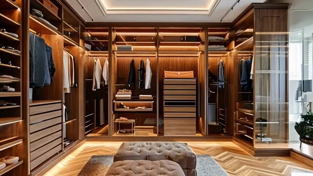 A large walk in closet with a tan rug and a tan ottoman. The closet is filled with clothes and has a warm, inviting atmosphere