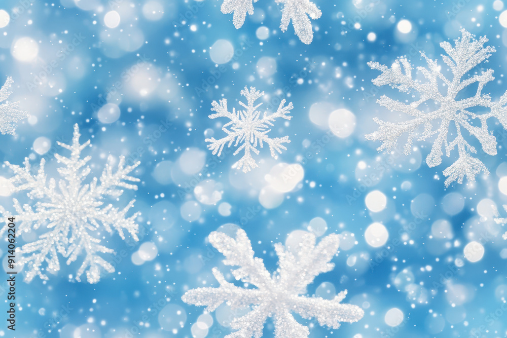 Aufkleber sparkling snowflakes falling against a blue background with bokeh, creating a magical winter atmosph