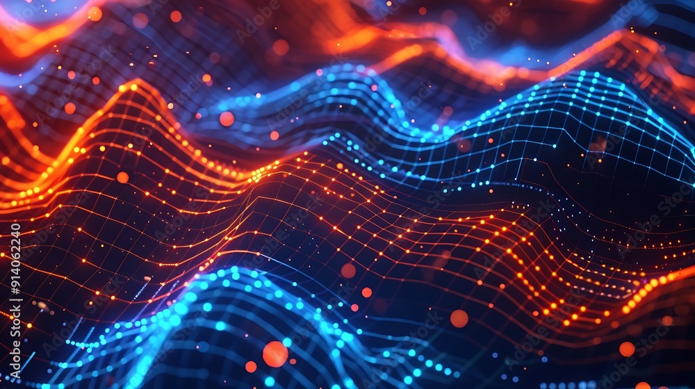 Poster dynamic waves of blue and orange light representing data flow and digital connectivity
