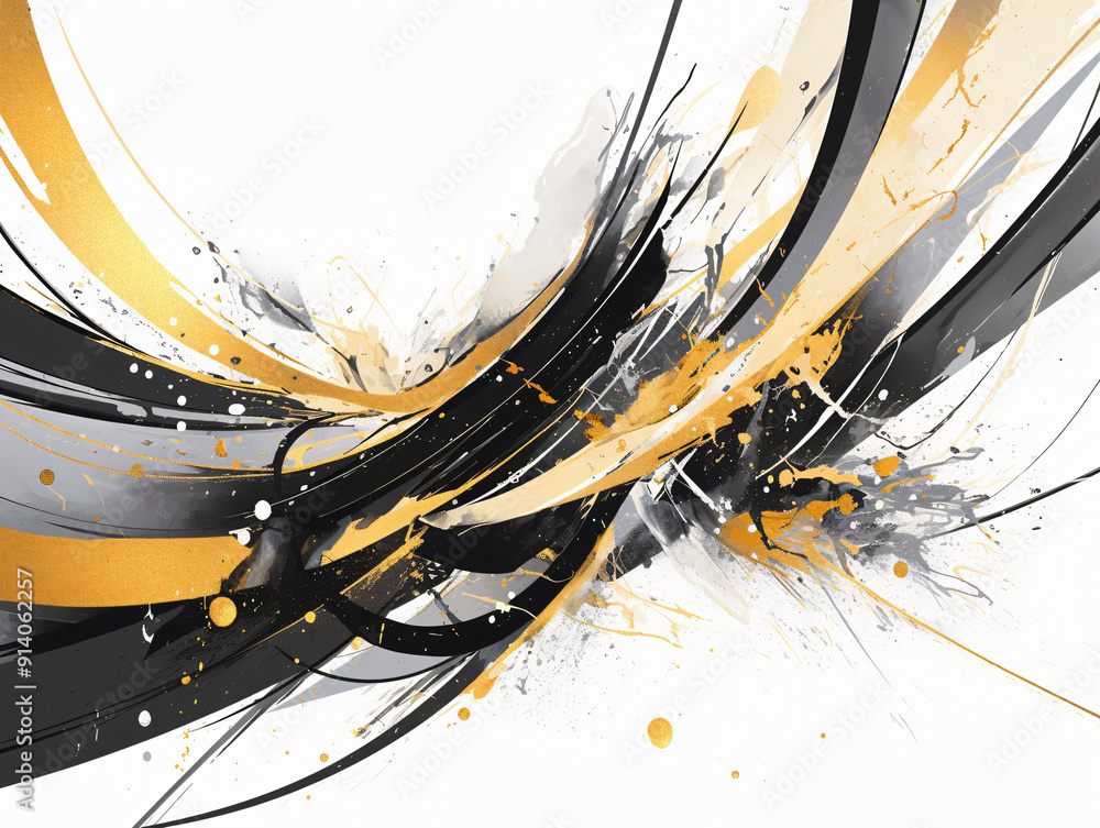 Poster an abstract art piece featuring bold black and gold strokes with splashes of paint, creating a dynam