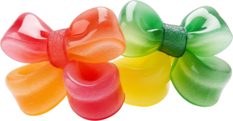 Colorful gummy candy shaped as bows in red, orange, yellow, and green. Sweet and vibrant confectionery isolated on white background.
