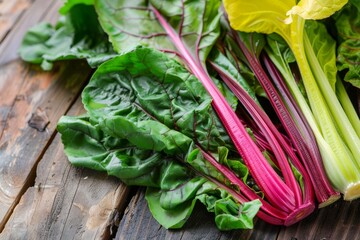 Fototapeta premium Close up of fresh raw chard leaves on wooden table