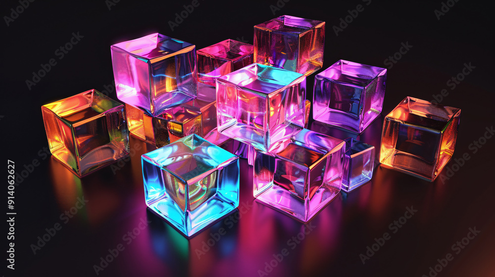 Poster a colorful arrangement of translucent cubes reflecting light in various hues, creating a playful and