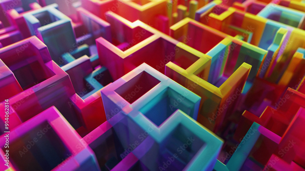 Poster an abstract 3d composition featuring colorful transparent cubes creating a maze-like effect, evoking