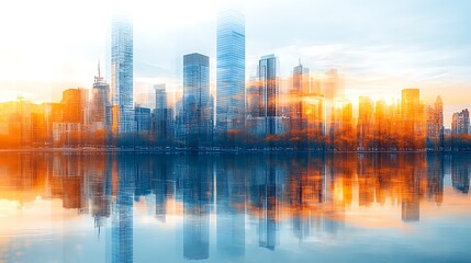 Captivating Cityscape at Dusk: Modern Skyscrapers Reflecting Vibrant Lights Amidst a Rainy Atmosphere