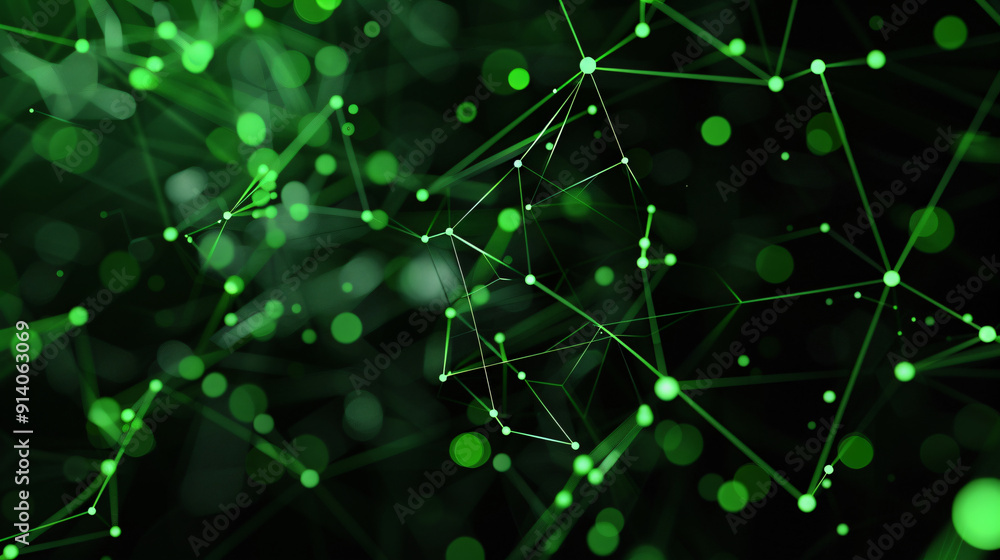 Poster a detailed digital composition featuring green lines and dots forming a network pattern, evoking a s