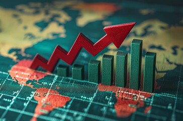 Red arrow pointing upwards on green bar graph with world map background symbolizing global economic growth