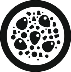 Black and white icon representing a petri dish with bacteria growing inside, used in science and medical contexts