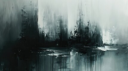 A contemporary abstract painting featuring black and white geometric lines and shapes with subtle textures.