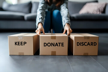 A woman is putting things in three different cardboard box , (DISCARD, DONATE AND KEEP), DONATE BOX