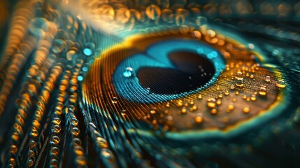 A close-up image of the vibrant textures of peacock feathers combined with luxurious materials, photographed with an empty background