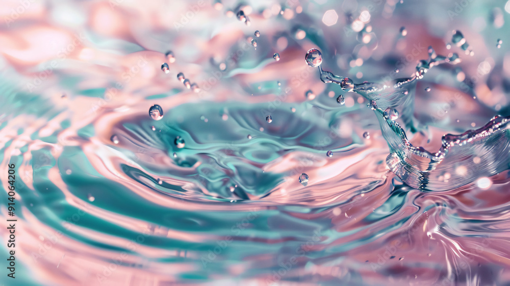 Poster an abstract image of water splashes with pastel tones, creating a dynamic and fluid atmosphere that 