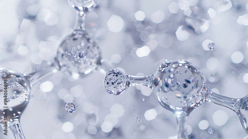 Poster a high-resolution close-up image of molecular structures with water droplets, showcasing a scientifi