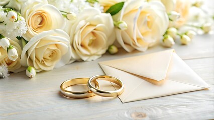 Golden rings adorn an elegant wedding invitation.