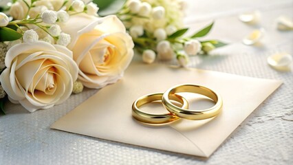Golden rings adorn an elegant wedding invitation.