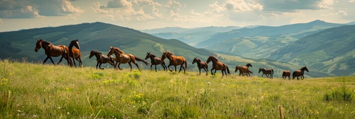 A herd of wild mustang horses gallop on a beautiful green hill in the mountains