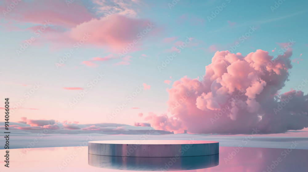 Poster an ethereal scene showcasing a minimalist circular platform under a dreamy pastel sky filled with fl