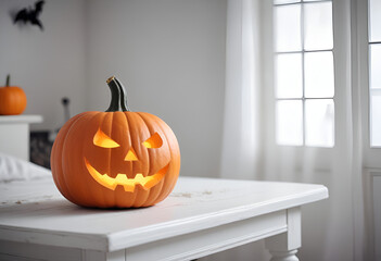 an orange jack lantern pumpkin with a carved face on a white table, with black frame in bedroom and bat silhouettes on the wall in the background
