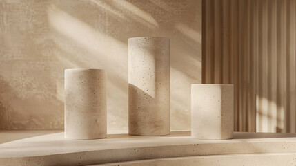A minimalist display of three cylindrical stone-like objects on a smooth surface, illuminated by soft light, creating an elegant and modern aesthetic.