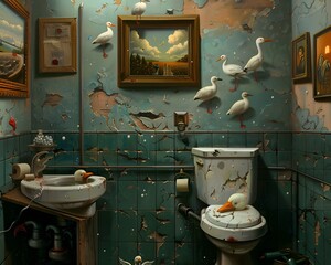 A surreal and unsettling bathroom with peeling paint, broken fixtures, and numerous white birds.