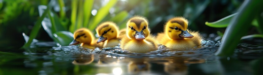 Charming ducklings swimming together in a serene pond, surrounded by lush greenery, showcasing nature's beauty.