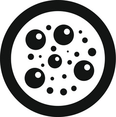 Simple black and white icon representing a petri dish with growing bacteria colonies for medical or scientific publications