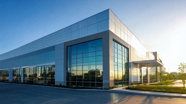 Large modern warehouse exterior with metal cladding and large windows, set against the backdrop of clear sky. Logistics distribution center, Retail warehouse. Ai Footage.