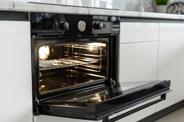 Obraz premium Contemporary electric oven with telescopic rails steel baking tray hinged door automatic cooking program Black oven in white kitchen