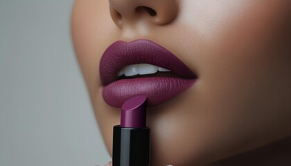Woman holding a tube of purpl lipstick near her lips for a beauty campaign concept. woman holding and applying purple lipstick on her lips for beauty campaign shot. tube of burgundy lipstick