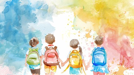 Rentrée scolaire, retour à l'école, enfants partant à l'école, façon aquarelle, ia générative