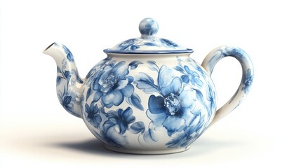 Elegant Blue and White Porcelain Teapot with T - 3D Watercolor Illustration