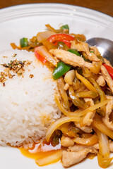 angle view fresh rice with shredded pork and pickled mustard at vertical composition