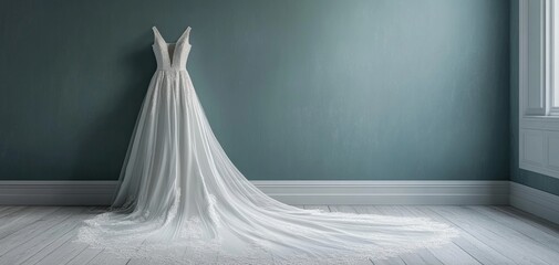 Elegant white wedding dress hanging against a pastel blue wall and wooden floor. Perfect bridal gown for a special day.