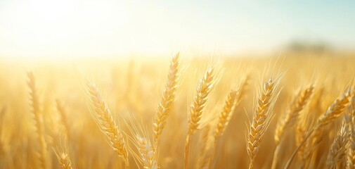 Fototapeta premium Golden wheat field under a bright and clear sky, basking in warm sunlight, depicting the beauty of nature and agricultural bounty.