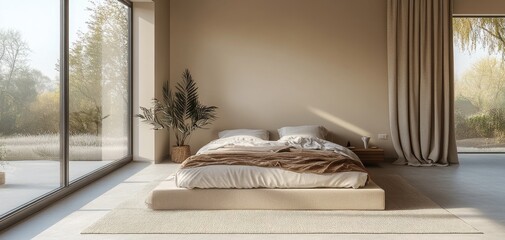 Modern minimalist bedroom with large windows, natural light, and neutral tones creating a serene and spacious ambiance.